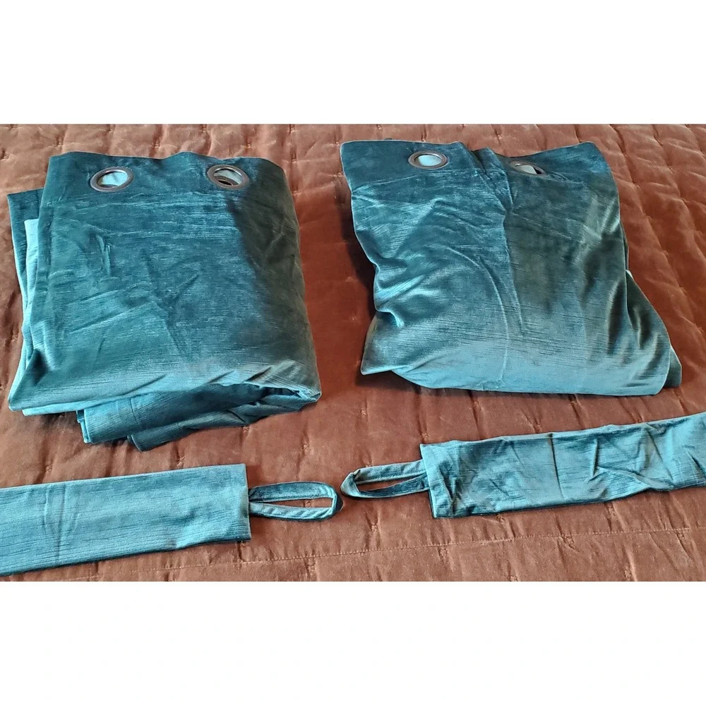Dark Teal Green Velvet Curtain Panels 2 Piece Set with Tiebacks 96x112 Grommet